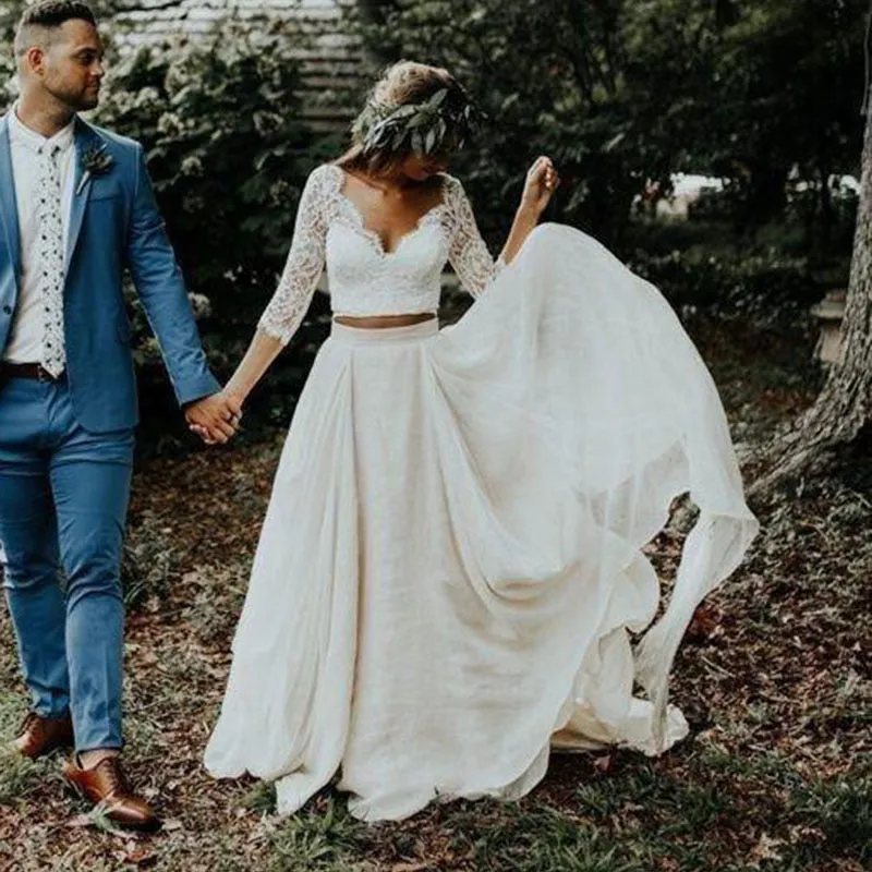 Boho Beach Bride Wedding Dress Two Pieces Features 3/4 Length Sleeves Made With Chiffon And Lace