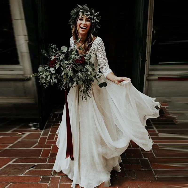 Boho Beach Bride Wedding Dress Two Pieces Features 3/4 Length Sleeves Made With Chiffon And Lace