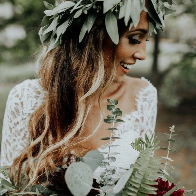 Boho Beach Bride Wedding Dress Two Pieces Features 3/4 Length Sleeves Made With Chiffon And Lace