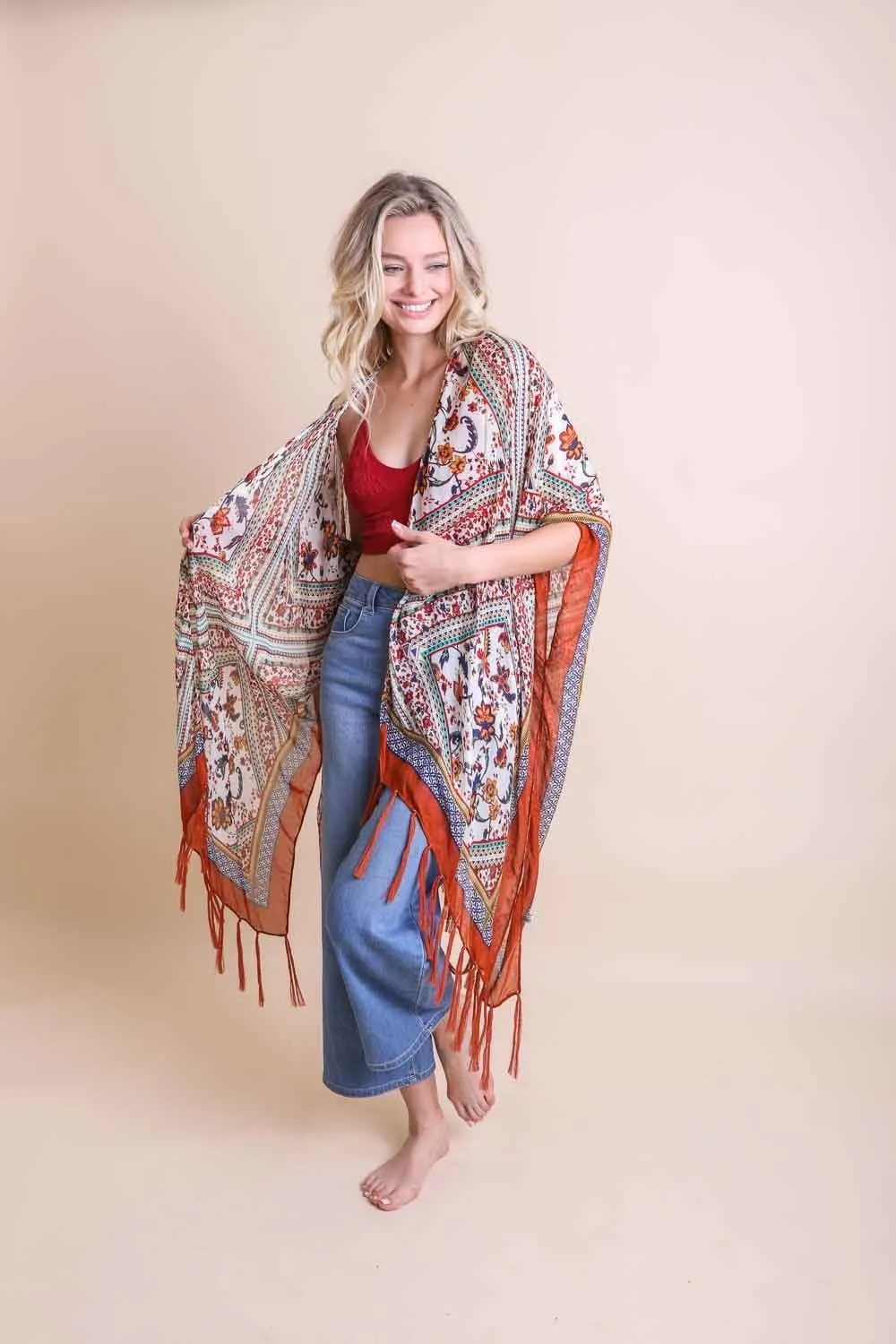 Boho Orange Tassel Kimono Duster