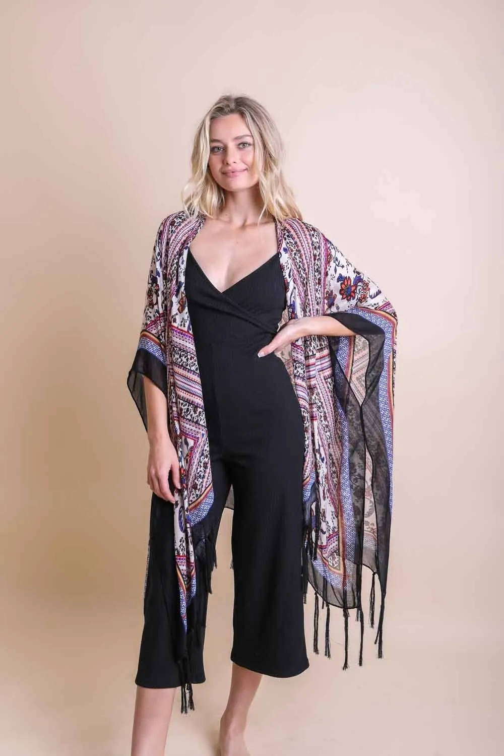 Boho Orange Tassel Kimono Duster