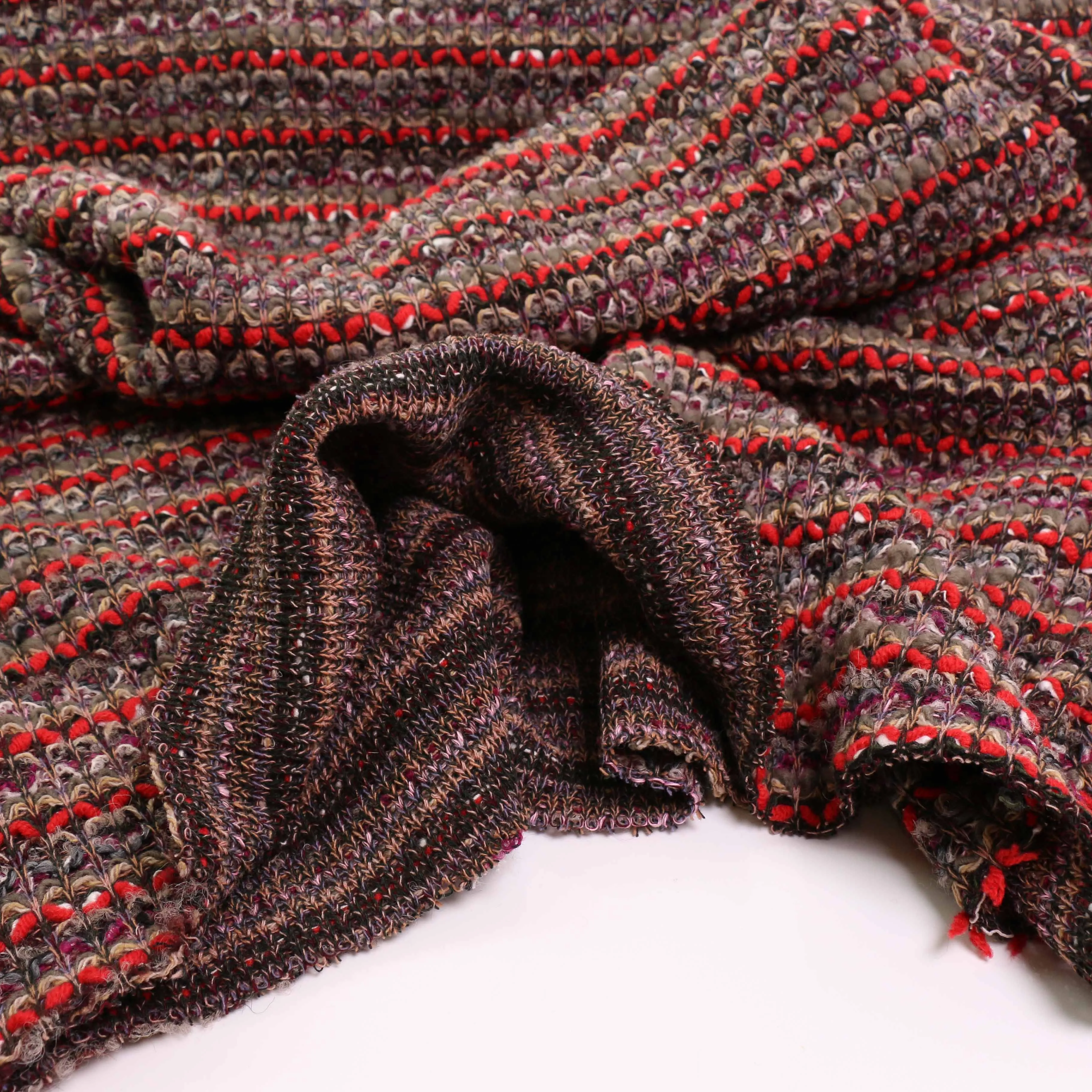 Boucle Jersey Fabric - Red, mustard, plum
