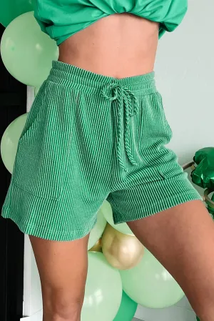 Bright Green Corded Knit Drawstring High Waist Shorts