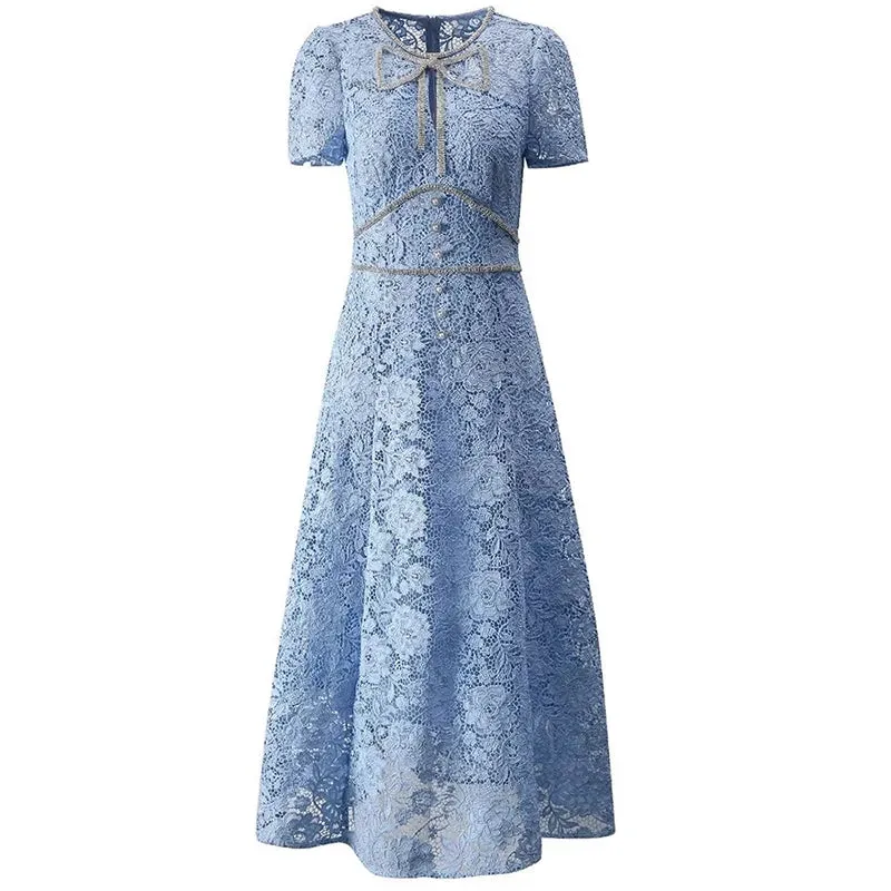 Brooks O-Neck Short Sleeves Diamond Bow Vintage Hollow Out Dress