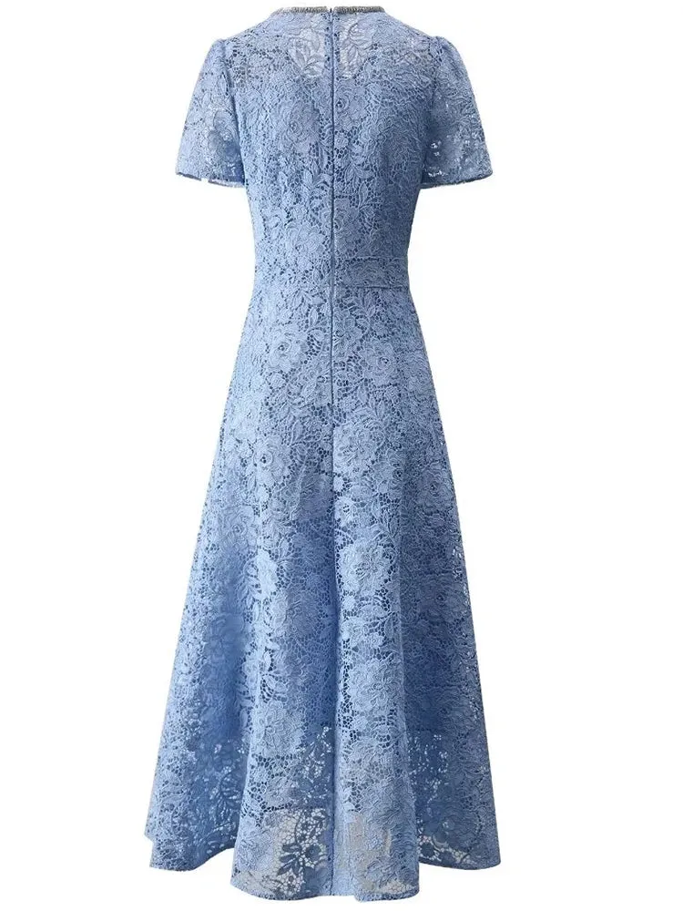 Brooks O-Neck Short Sleeves Diamond Bow Vintage Hollow Out Dress