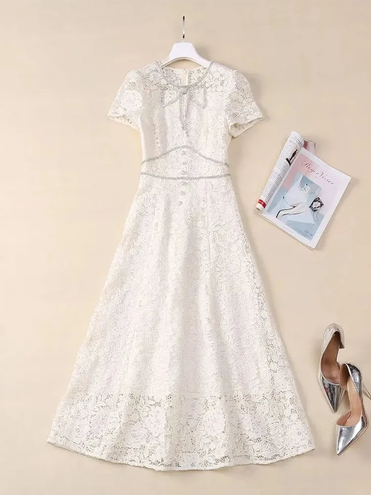 Brooks O-Neck Short Sleeves Diamond Bow Vintage Hollow Out Dress