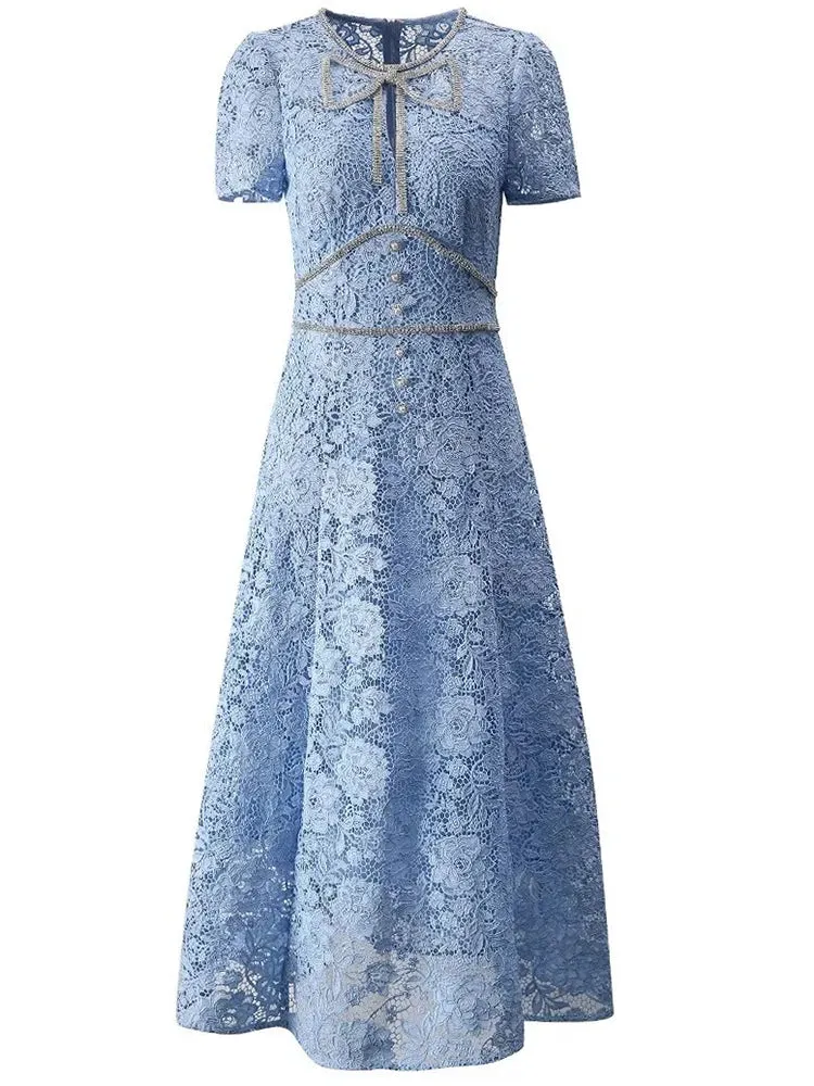 Brooks O-Neck Short Sleeves Diamond Bow Vintage Hollow Out Dress