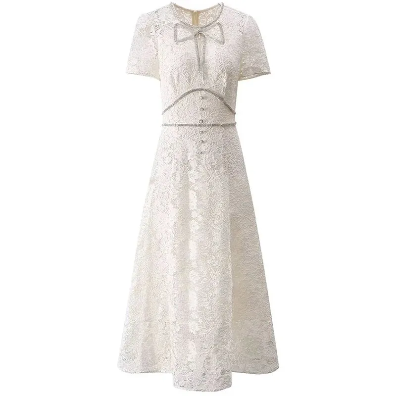 Brooks O-Neck Short Sleeves Diamond Bow Vintage Hollow Out Dress
