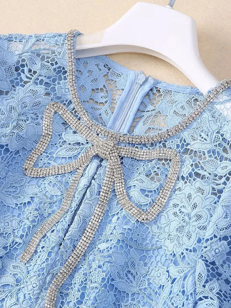 Brooks O-Neck Short Sleeves Diamond Bow Vintage Hollow Out Dress