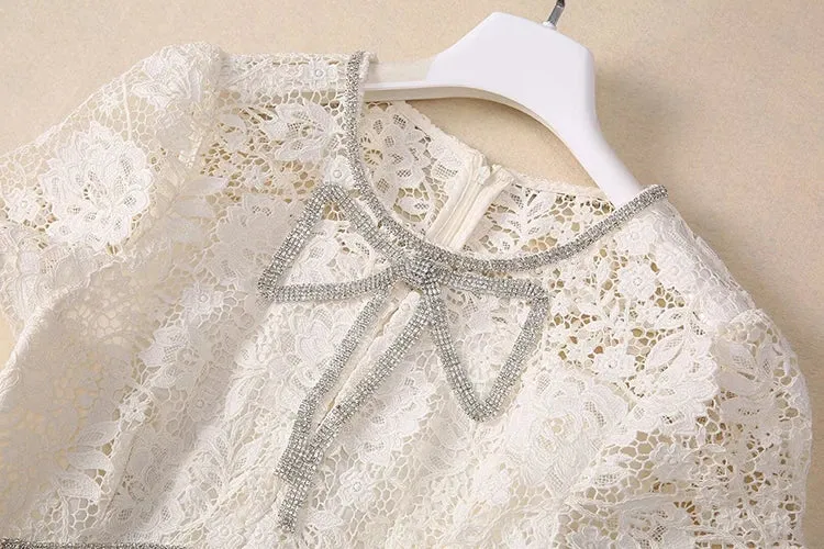 Brooks O-Neck Short Sleeves Diamond Bow Vintage Hollow Out Dress