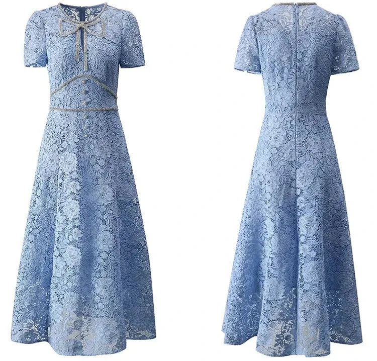 Brooks O-Neck Short Sleeves Diamond Bow Vintage Hollow Out Dress