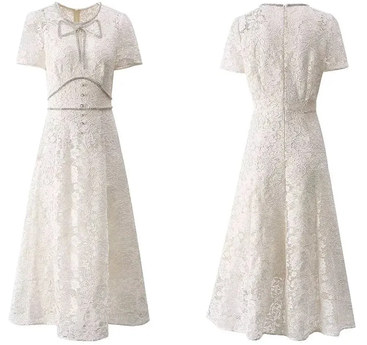 Brooks O-Neck Short Sleeves Diamond Bow Vintage Hollow Out Dress