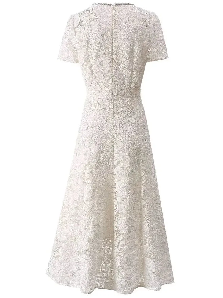 Brooks O-Neck Short Sleeves Diamond Bow Vintage Hollow Out Dress