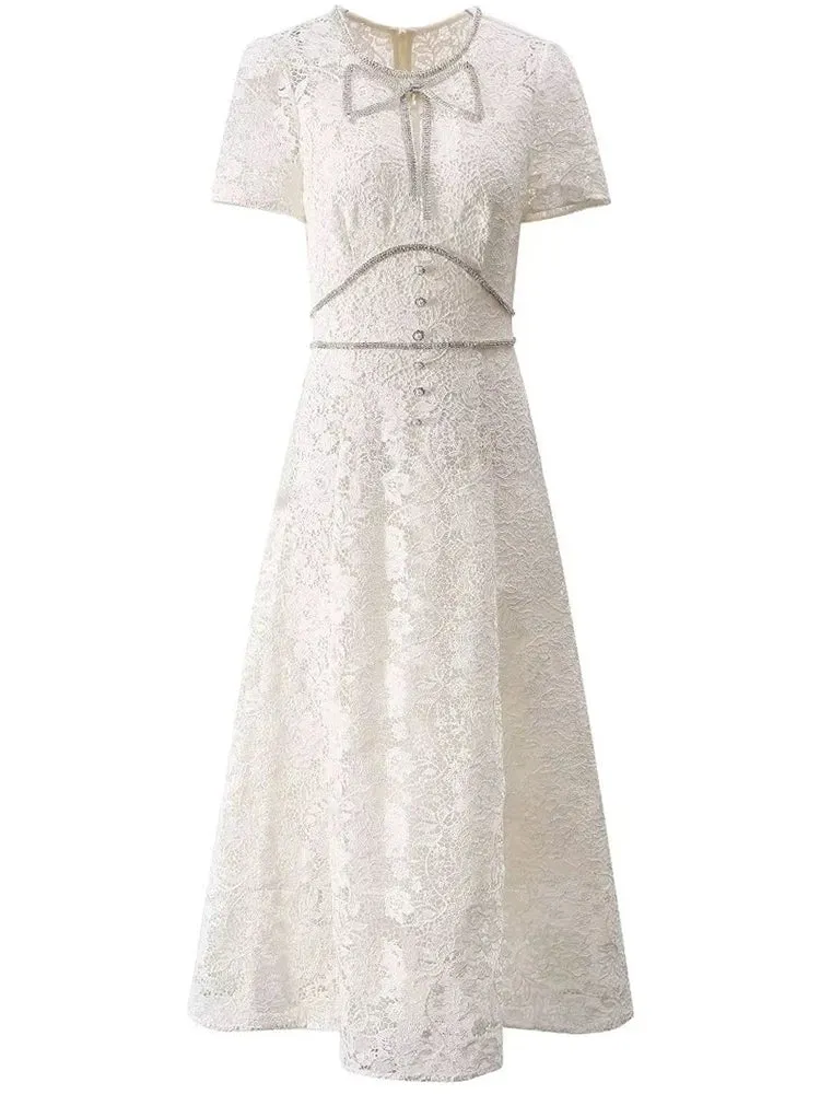 Brooks O-Neck Short Sleeves Diamond Bow Vintage Hollow Out Dress