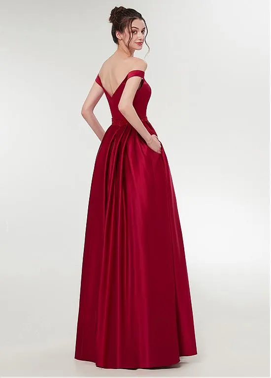 Burgundy Satin Off-the-shoulder Neckline A-line Prom Dress With Beadings