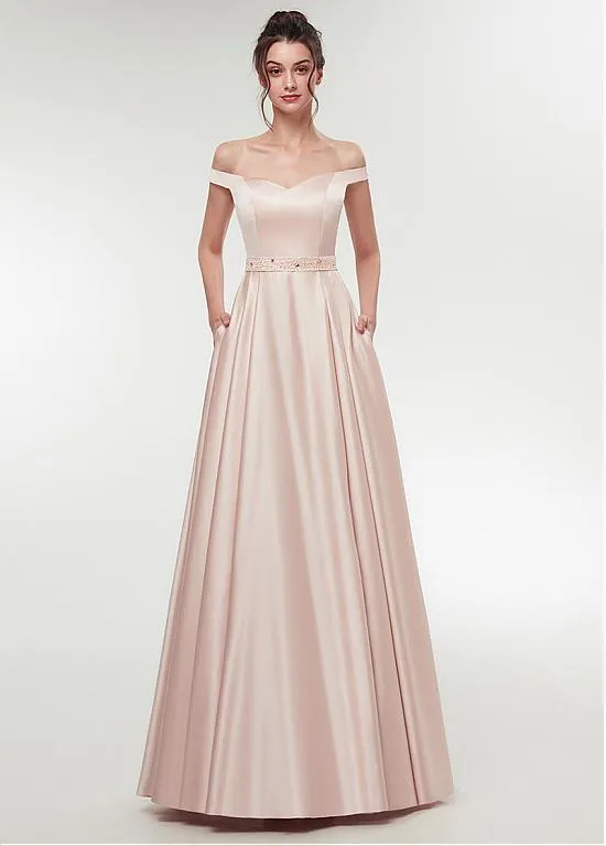 Burgundy Satin Off-the-shoulder Neckline A-line Prom Dress With Beadings