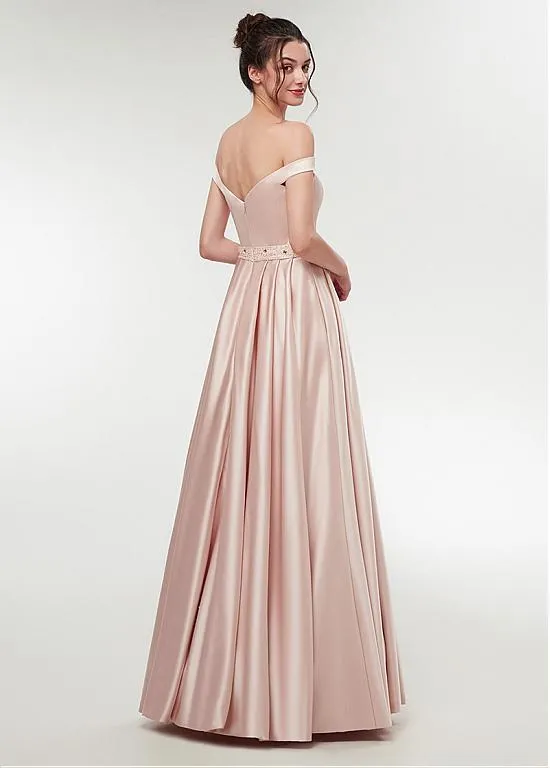 Burgundy Satin Off-the-shoulder Neckline A-line Prom Dress With Beadings