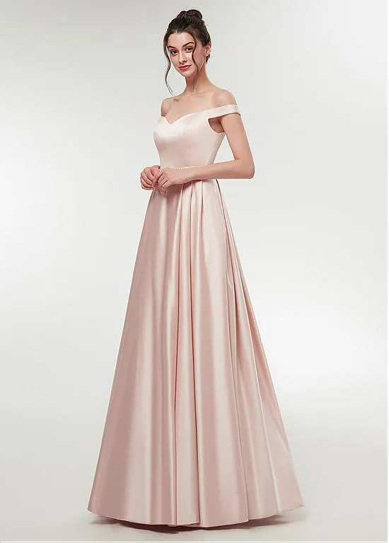 Burgundy Satin Off-the-shoulder Neckline A-line Prom Dress With Beadings