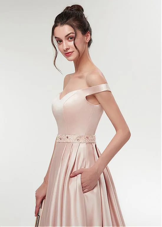 Burgundy Satin Off-the-shoulder Neckline A-line Prom Dress With Beadings
