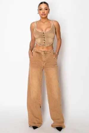 BUTTON DOWN SLEEVELESS DENIM TOP AND PANTS SET(C1)