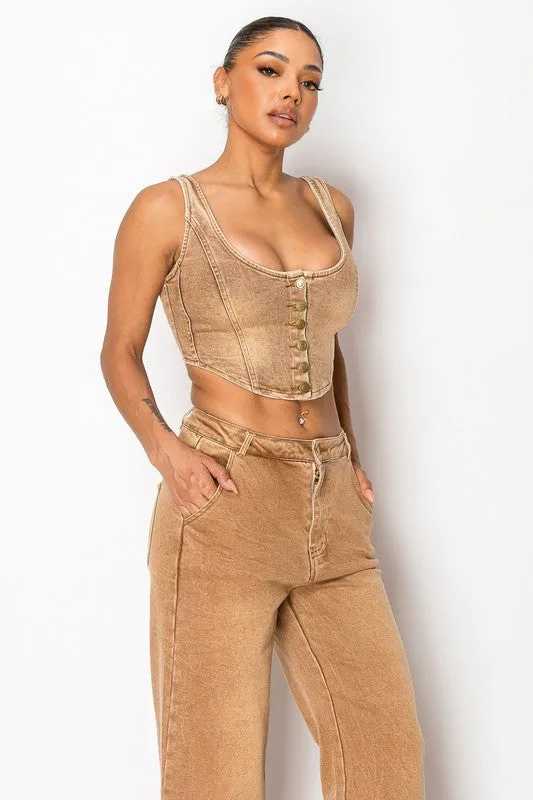 BUTTON DOWN SLEEVELESS DENIM TOP AND PANTS SET(C1)