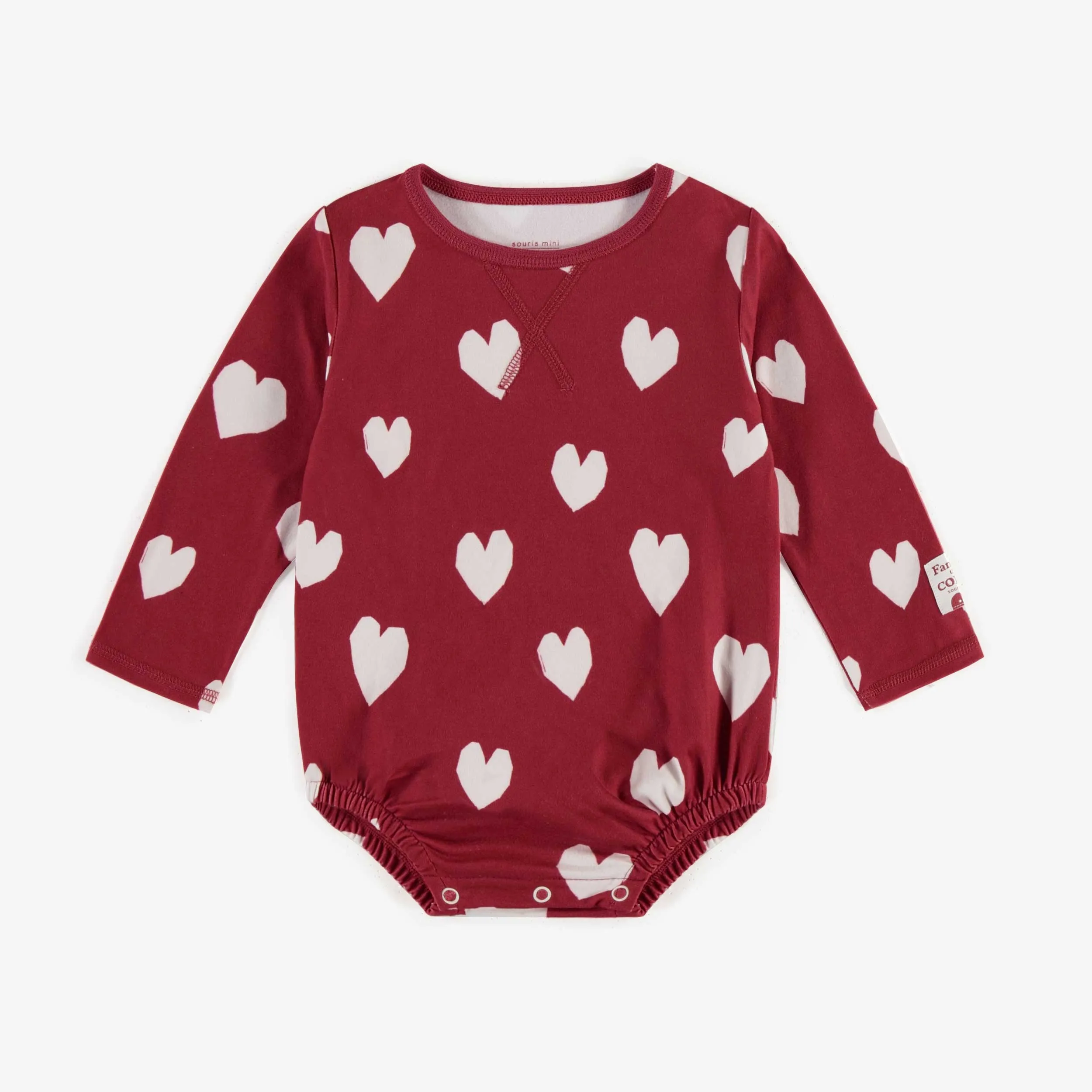 Cache-couche rouge avec cœurs à manches longues en jersey extensible, bébé || Red long-sleeved bodysuit with hearts in stretch jersey, baby