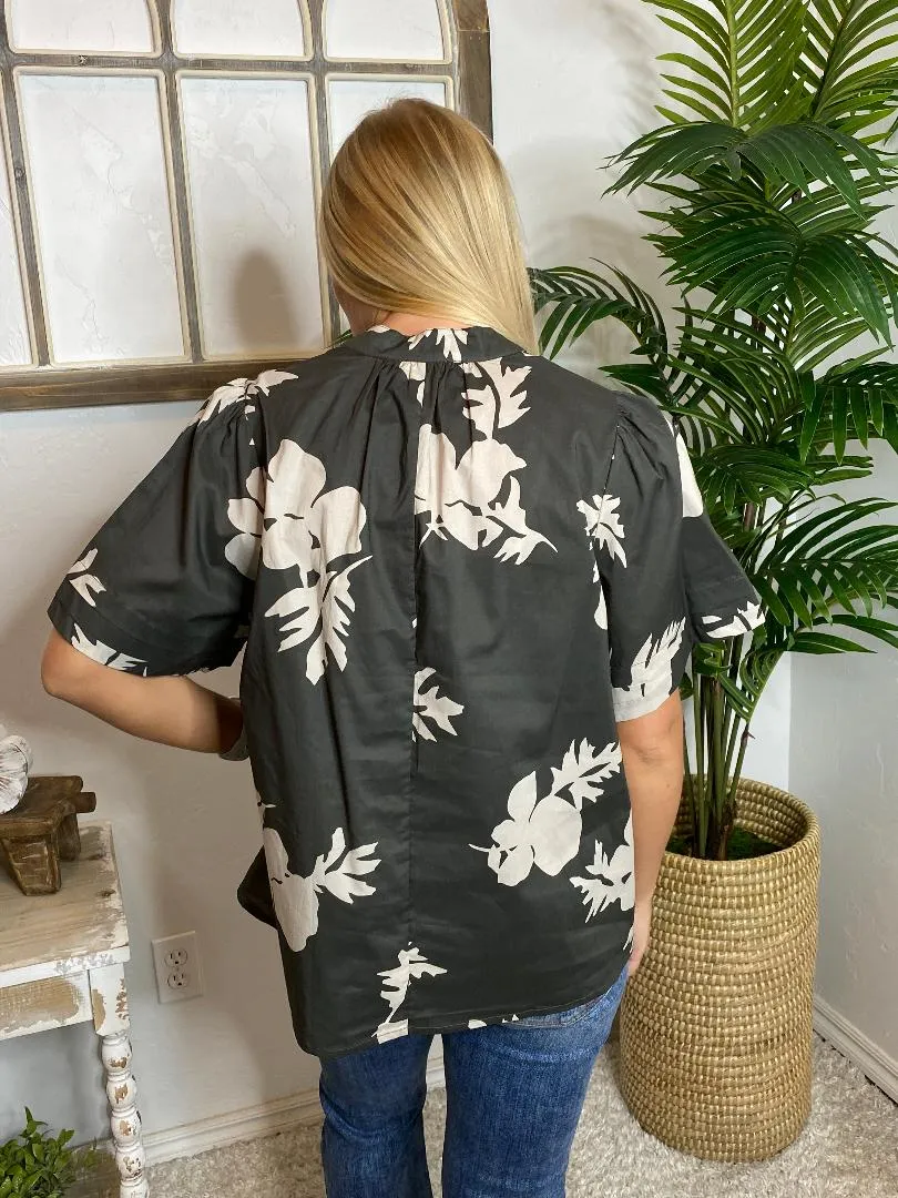 Charcoal and White Floral V-Neck Blouse