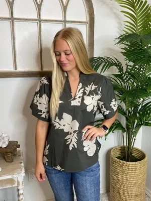 Charcoal and White Floral V-Neck Blouse