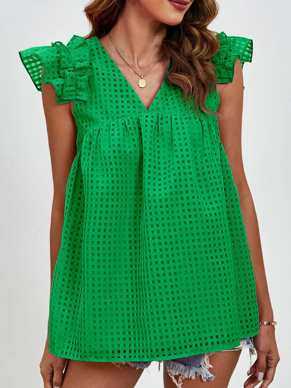 Charlee Ruched V-Neck Cap Sleeve Blouse