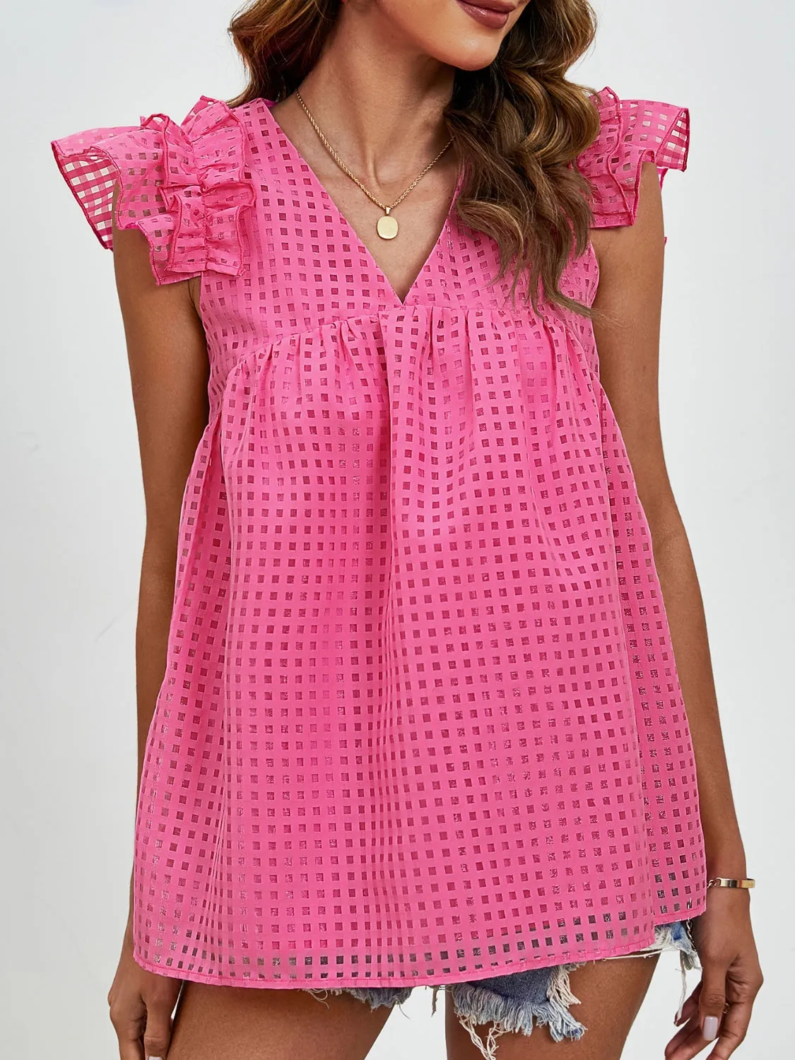 Charlee Ruched V-Neck Cap Sleeve Blouse