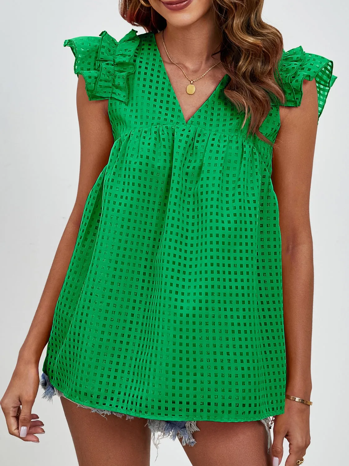 Charlee Ruched V-Neck Cap Sleeve Blouse