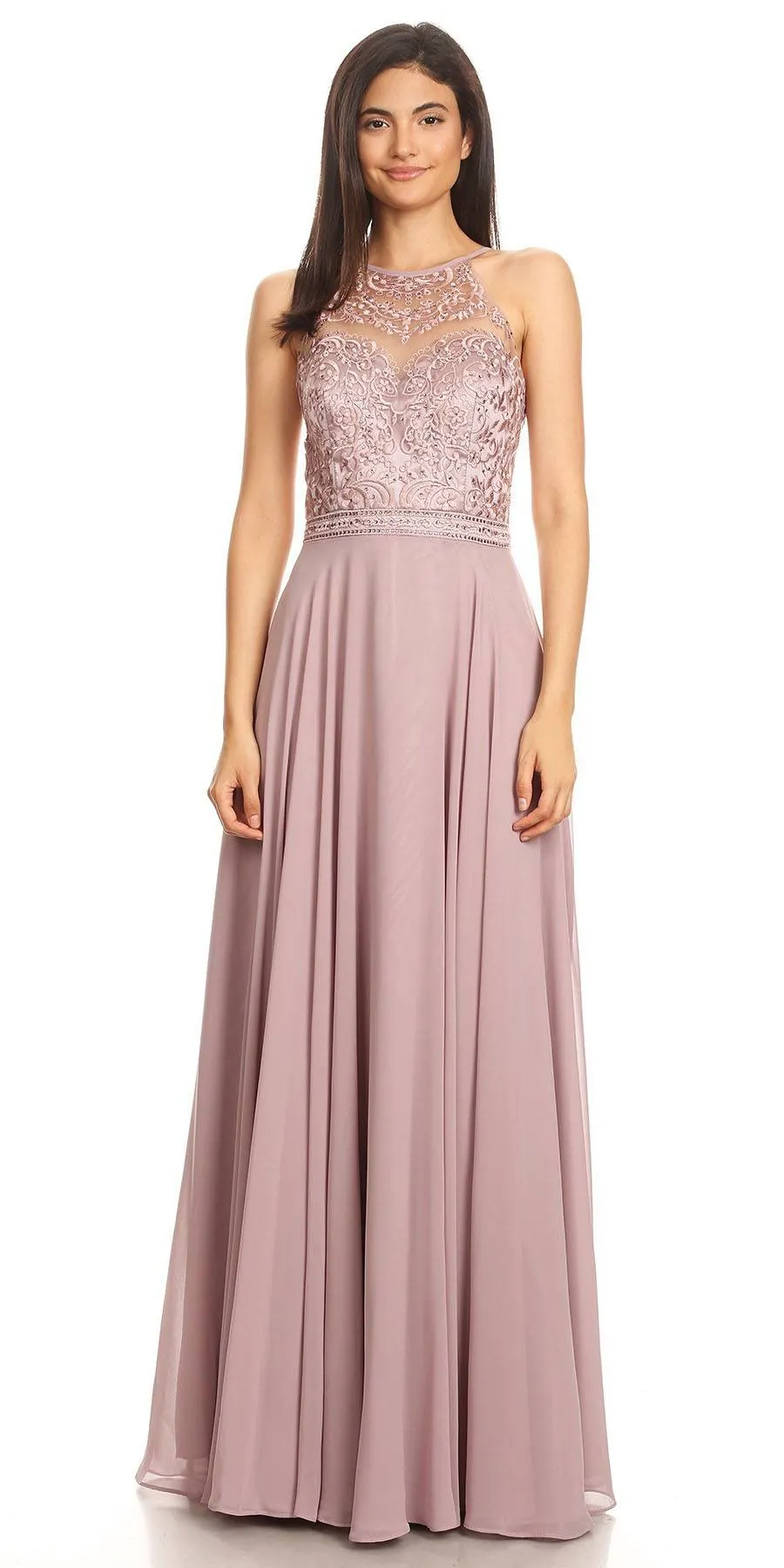 CLEARANCE - Eureka 8111 Chiffon Halter A-line Long Dress Lace Appliqued Bodice (Size L)
