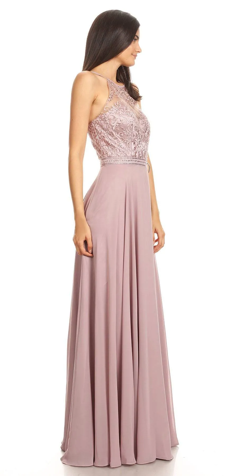 CLEARANCE - Eureka 8111 Chiffon Halter A-line Long Dress Lace Appliqued Bodice (Size L)