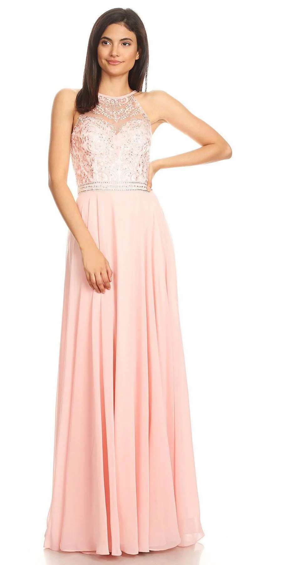CLEARANCE - Eureka 8111 Chiffon Halter A-line Long Dress Lace Appliqued Bodice (Size L)