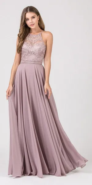 CLEARANCE - Eureka 8111 Chiffon Halter A-line Long Dress Lace Appliqued Bodice (Size L)