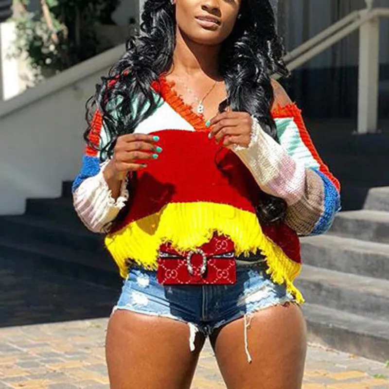 Colorblock V-Neck Bat Sleeve Sweater