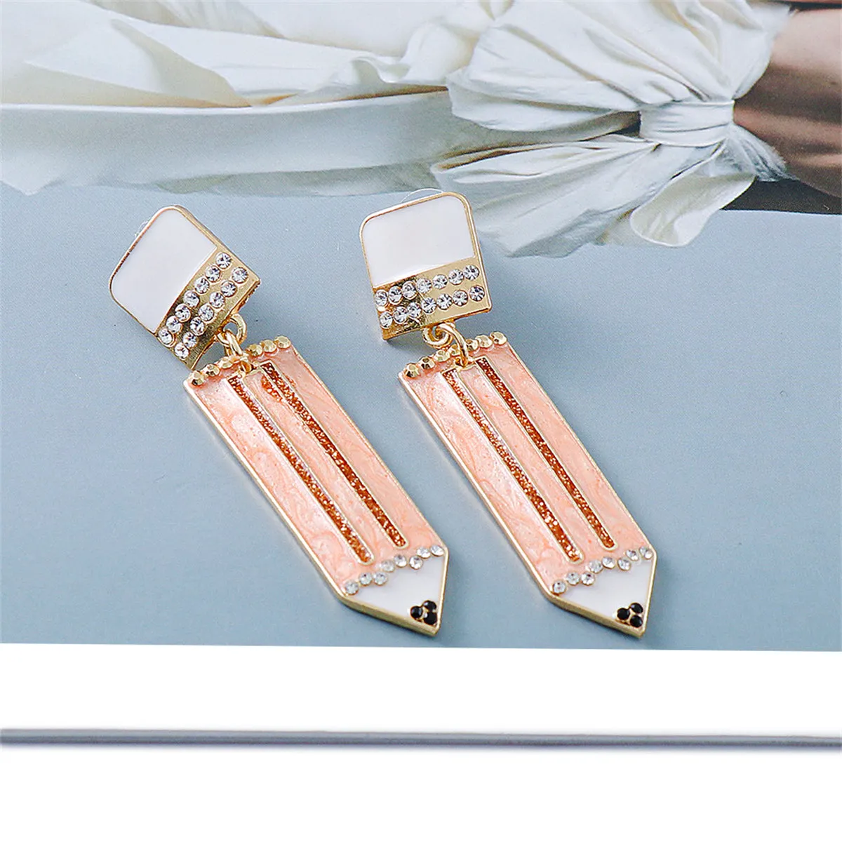 Cubic Zirconia & Enamel 18K Gold-Plated Pencil Drop Earrings