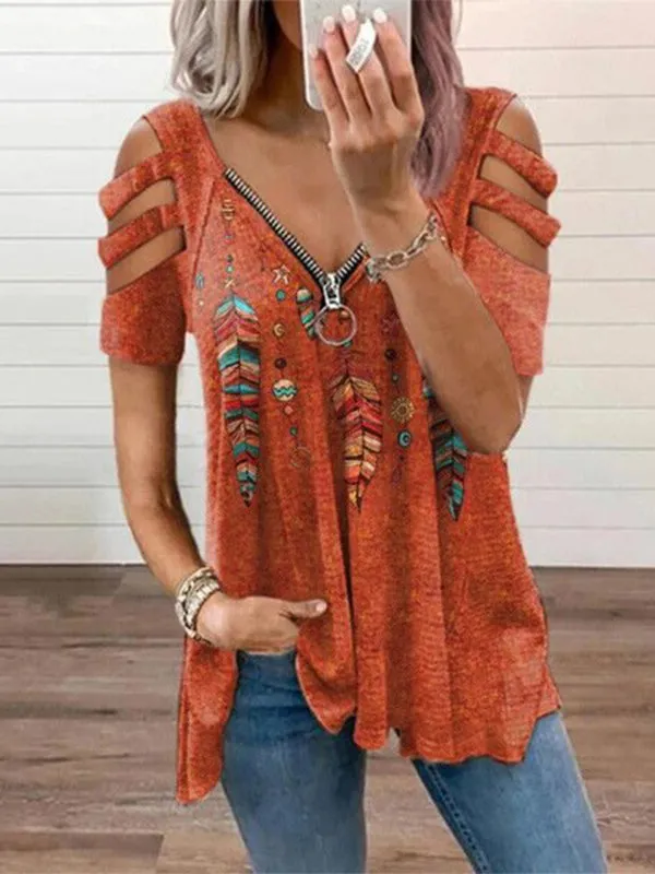 Cutout Shoulder Feather Print Zip V-Neck T-Shirt