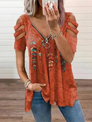 Cutout Shoulder Feather Print Zip V-Neck T-Shirt