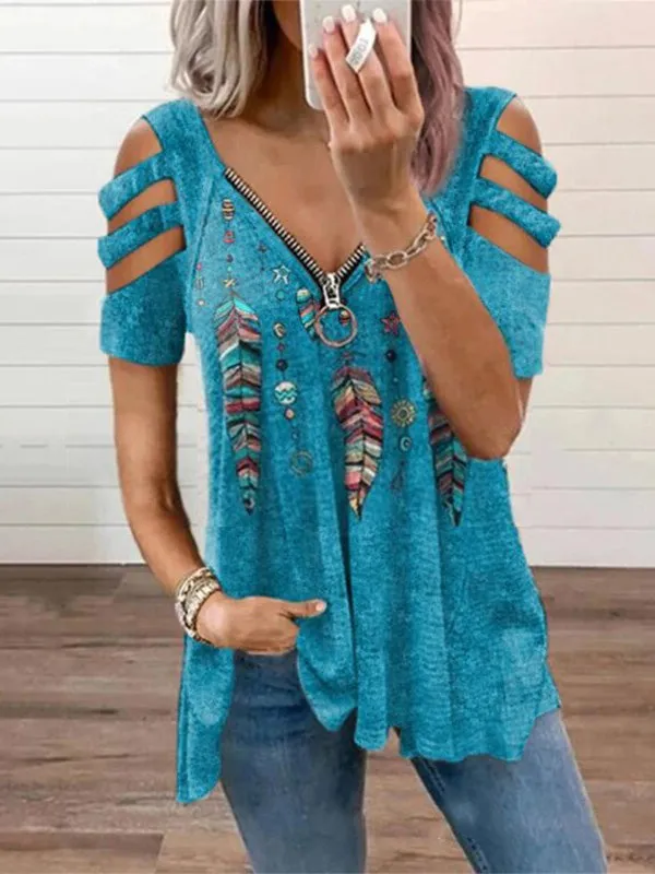 Cutout Shoulder Feather Print Zip V-Neck T-Shirt