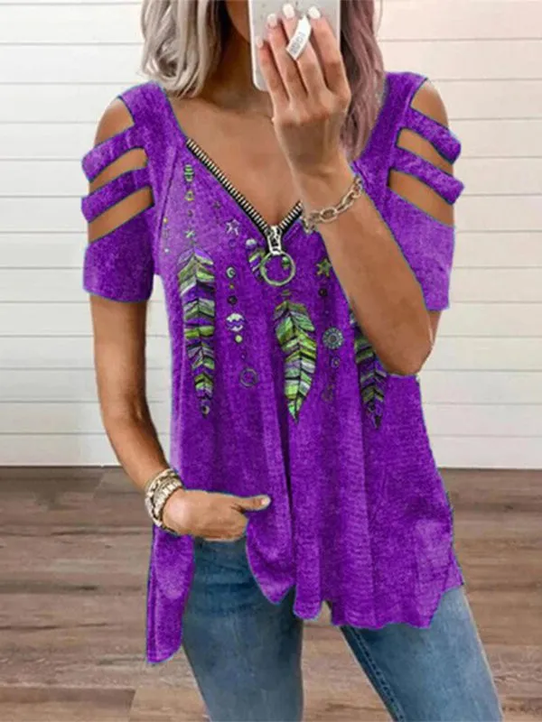 Cutout Shoulder Feather Print Zip V-Neck T-Shirt