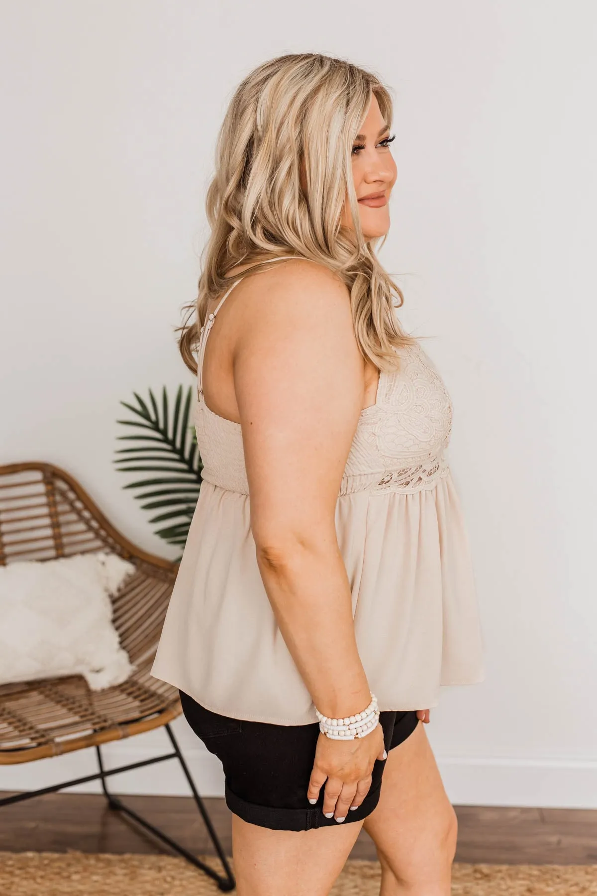 Dazzling Sights Lace Tank Top- Sand