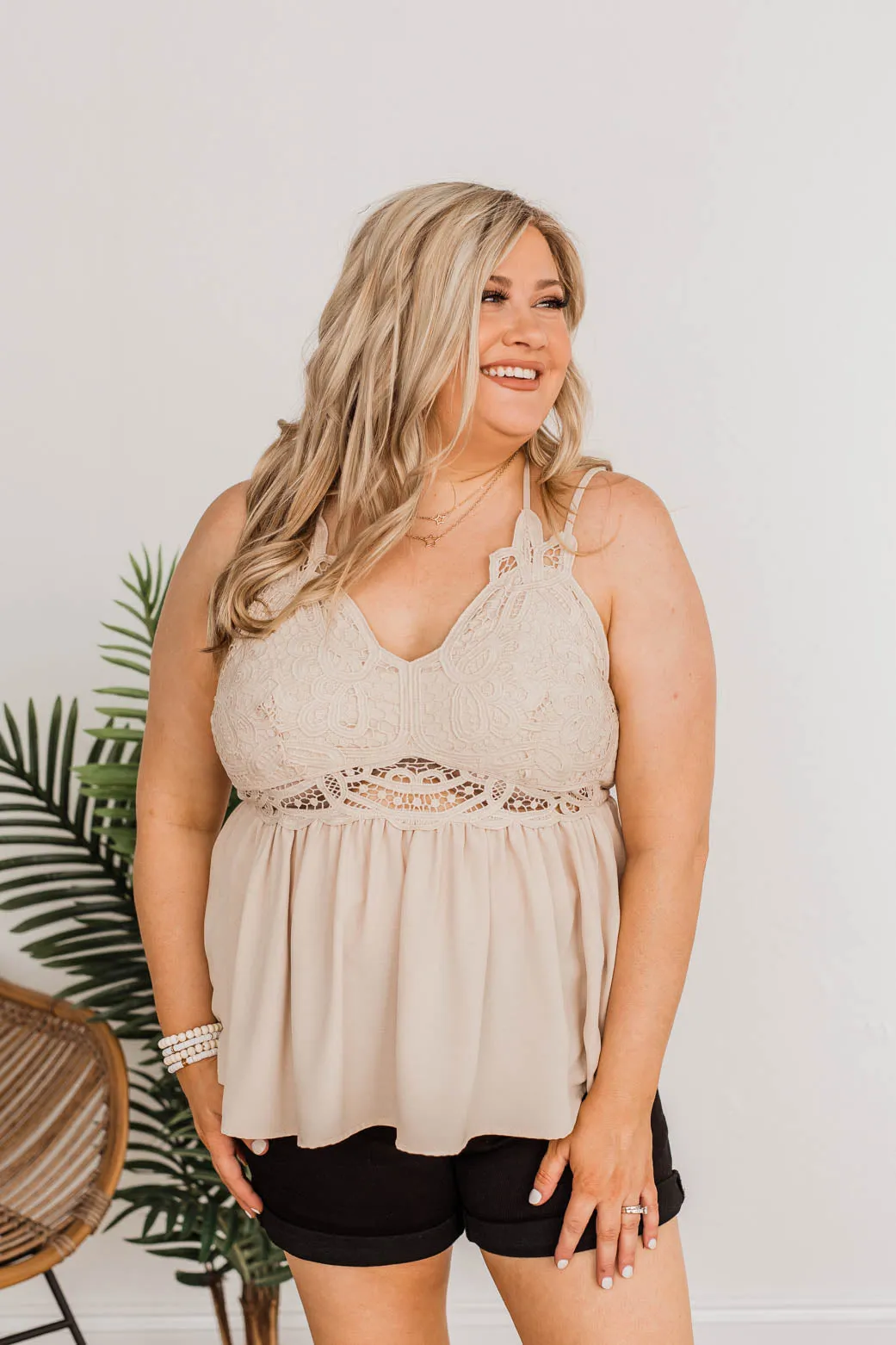 Dazzling Sights Lace Tank Top- Sand