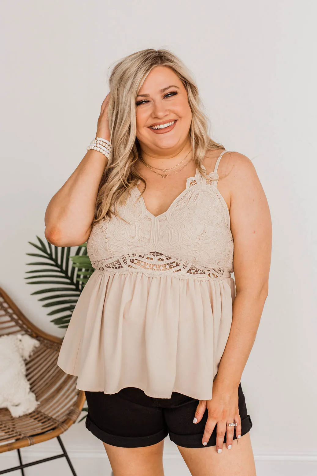 Dazzling Sights Lace Tank Top- Sand