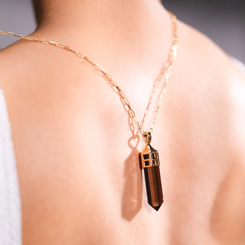 Demi Fine Jewelry-14k Gold Plated-Necklace-Smoky Quartz Pencil Pendant Recycled Sterling Silver-N35/23-Fashion Edit Unbent