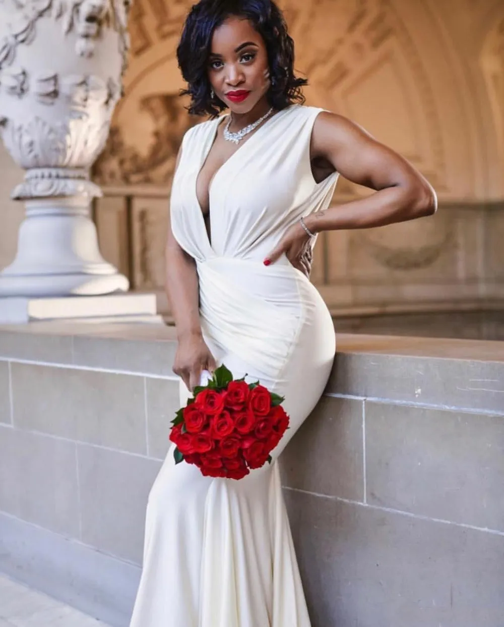 Designer Mermaid Wedding Dress Backless Deep V Neck Floor Length With Court Train