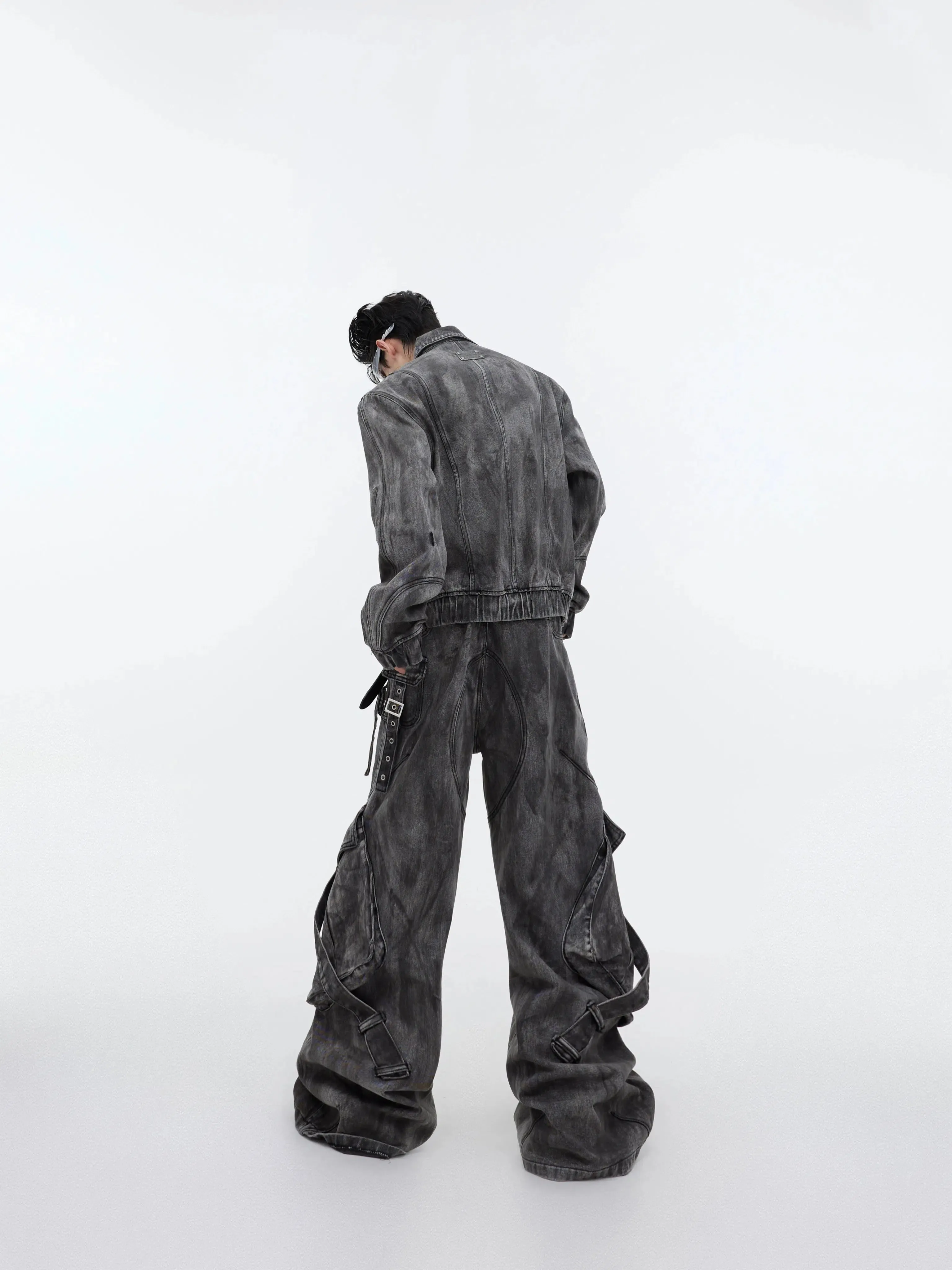 Distressed Zipper Denim Jacket Pants Set