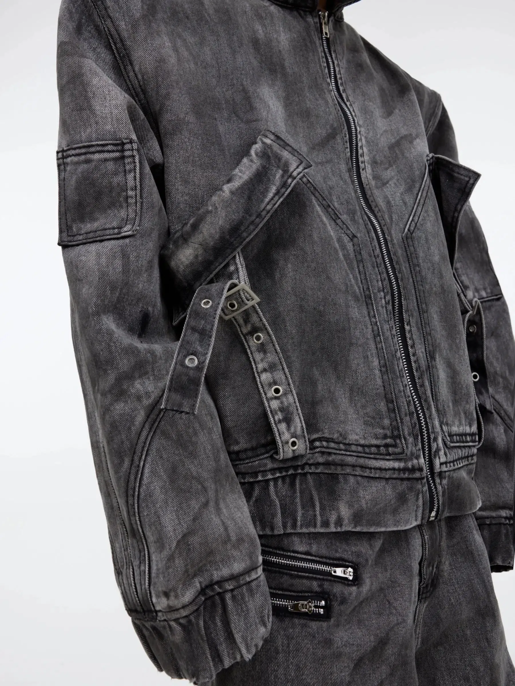 Distressed Zipper Denim Jacket Pants Set