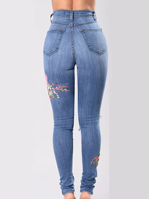 Embroidered High-elastic Denim Trousers