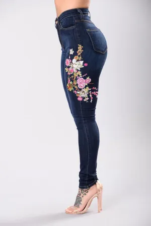 Embroidered High-elastic Denim Trousers
